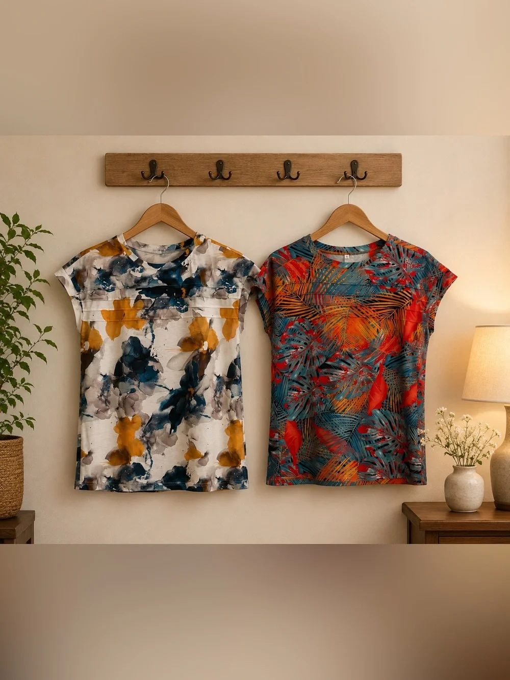 Women’s Floral Watercolor Short Sleeve Top - White & Mustard - Picture 1 of 2